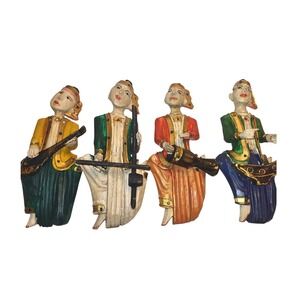Vintage Hard Covered Wooden Musicians Wall Hanger Figurine Set of 4 Thailand 10"